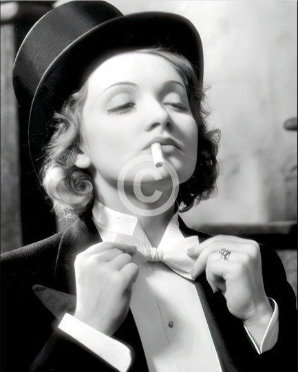 Marlene Dietrich 1930s adjusting her bow tie